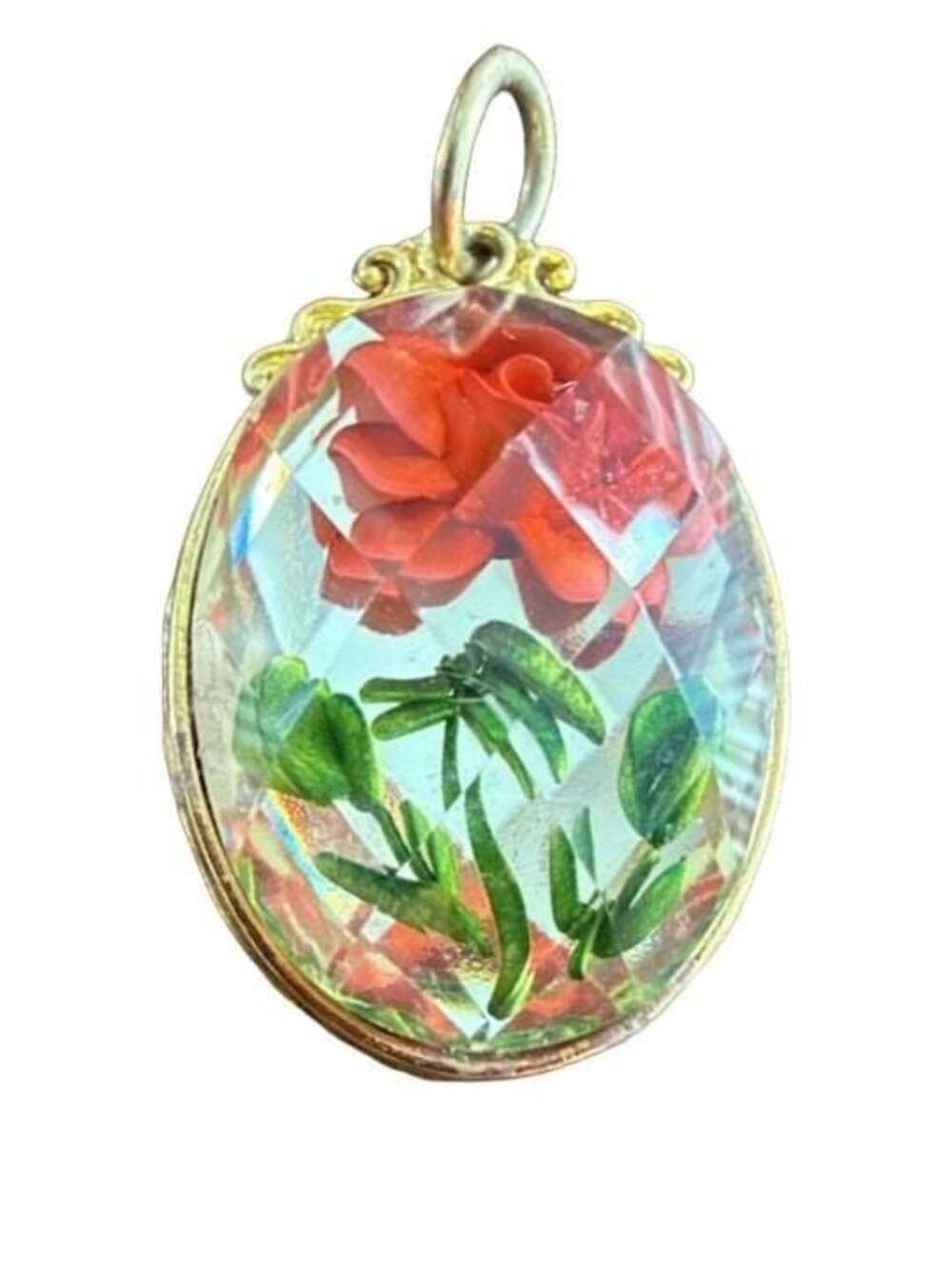 Disney Beauty and the Beast Red Rose Faceted Crystal Oval Gold Tone Pendant